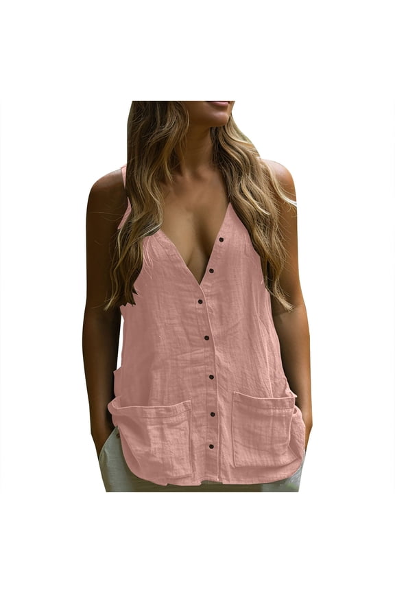 Womens Button Down Vest Sleeveless Tank Tops Fully Lined Deep V Neck Casual Jacket Waistcoat with Pockets