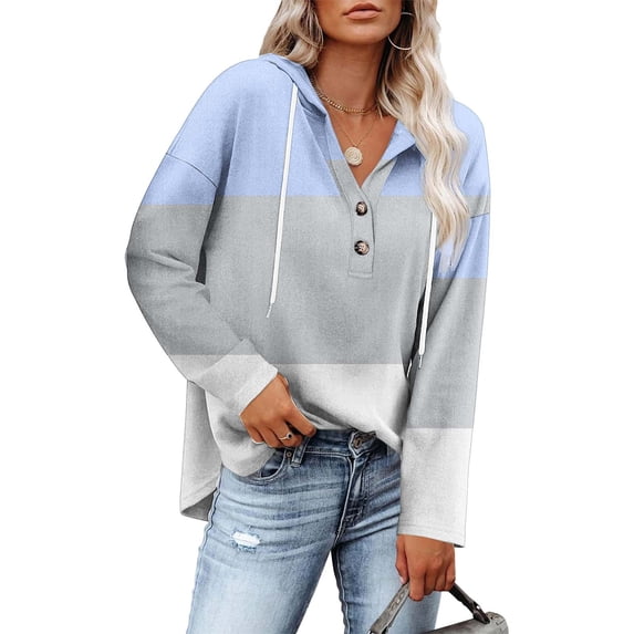 Cilsoka Womens Button Up Sweatshirts Hooded Striped Print Long Sleeve Drawstring Hoodies Casual Pullover