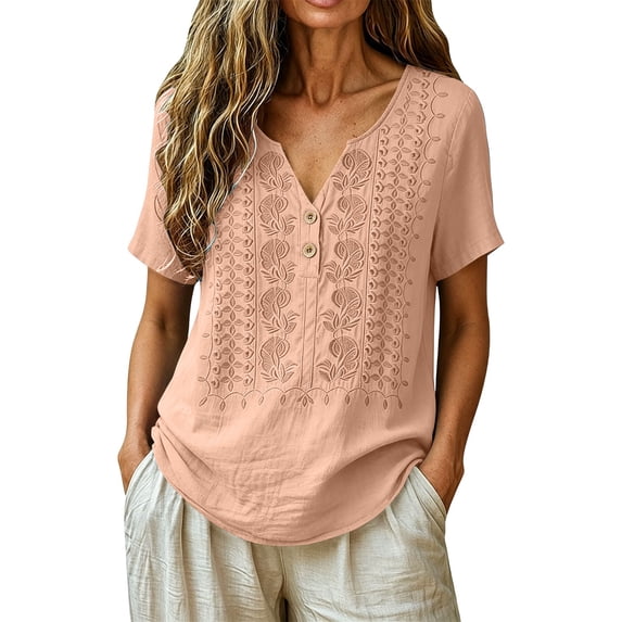 Cilsoka Womens Cotton Linen Blouse Embroidered Scoop Neck Summer Cotton Linen Boho Tops Casual Loose Short Sleeve Tshirts
