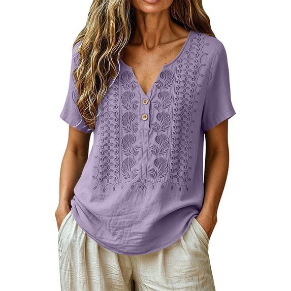 Cilsoka Womens Cotton Linen Blouse Embroidered Scoop Neck Summer Cotton Linen Boho Tops Casual Loose Short Sleeve Tshirts