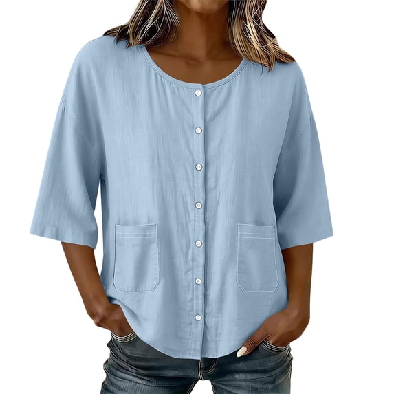 Cilsoka Womens Cotton Linen Shirts Button Down Collarless V Neck Tops ...