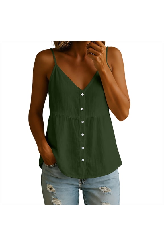 Womens Cotton Linen Tank Tops Causal V Neck Sleeveless Button Down Tops Summer Loose Fit Spaghetti Strap Cami Shirts
