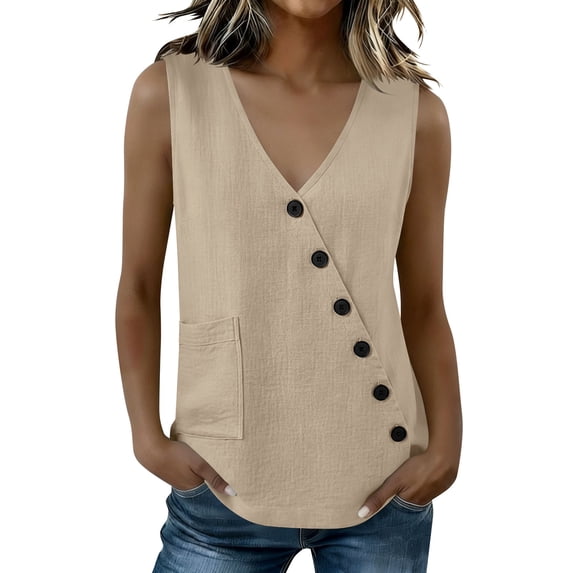 Cilsoka Womens Cotton Linen Tank Tops Lightweight V Neck 2026 Button Sleeveless Cotton Summer Vest Tops with Pocket
