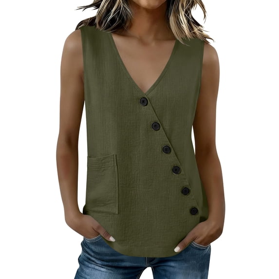 Cilsoka Womens Cotton Linen Tank Tops Lightweight V Neck 2026 Button Sleeveless Cotton Summer Vest Tops with Pocket