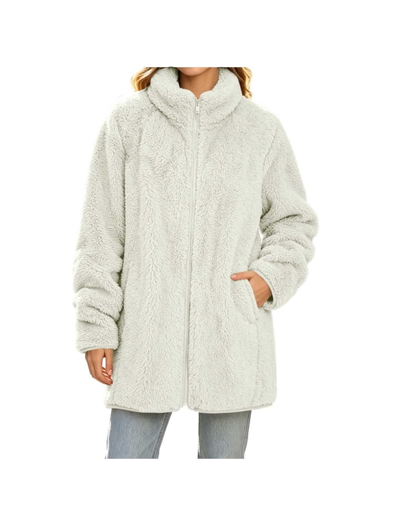 Womens Fleece Jacket Long Sleeve Zip Up Sherpa Coats 2025 Fall Winter Trendy Fuzzy Hooded Jackets with Pockets