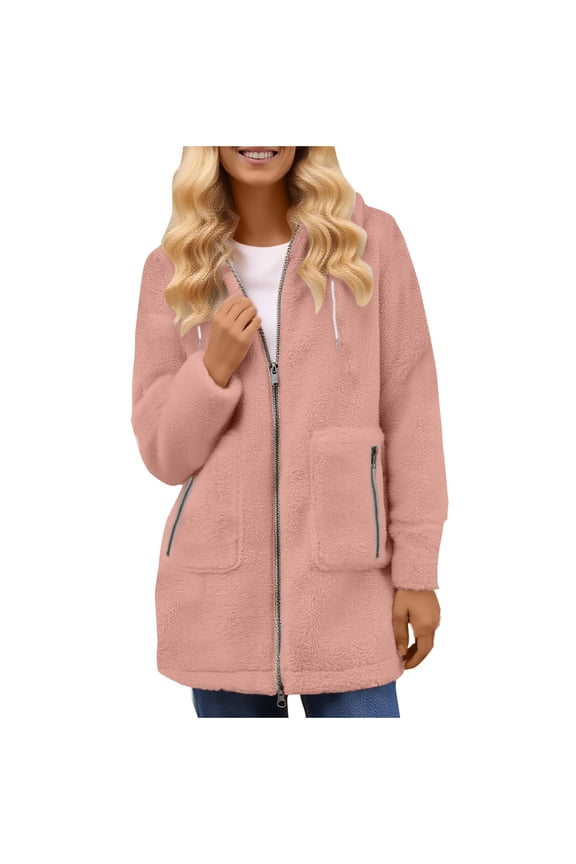 Womens Fleece Jacket Zip Up Sherpa Coats 2025 Oversized Long Sherpa Hoodie Fuzzy Jackets Warm Teddy Coat Winter Hooded Jackets with Pockets
