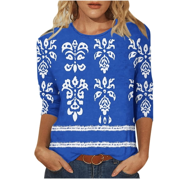 Cilsoka Womens Floral Print Tee Shirts Plus Size 3/4 Sleeve Tops Crew Neck Vintage Peasant Tunic Dressy Casual Tshirt Blouses