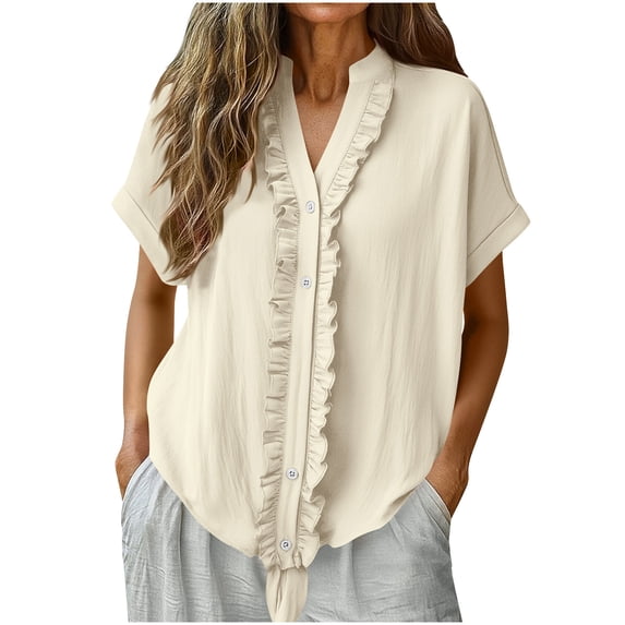 Cilsoka Womens Loose Cotton Linen Blouse Casual Short Sleeve Button ...