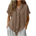 thumbnail image 1 of Cilsoka Womens Loose Cotton Linen Blouse Casual Short Sleeve Button Down T Shirts Summer Ruffle V Neck Tie Front Knot Tops, 1 of 6