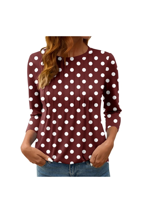 Womens Polka Dots Printed Shirts Casual 3/4 Sleeve Blouses Dressy Casual Crewneck Pleated Tops Spring Summer Fashion Clothing