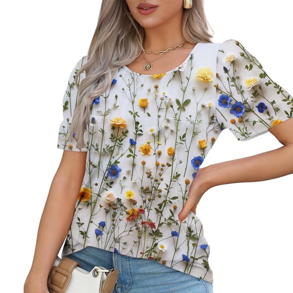 Cilsoka Womens Printed Tops Short Sleeve Summer Casual Crew Neck Shirts Floral Blouse Pleated Tunics Tops 2026 Fashion Clothing