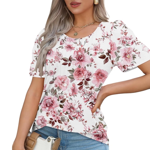 Cilsoka Womens Printed Tops Short Sleeve Summer Casual Crew Neck Shirts Floral Blouse Pleated Tunics Tops 2026 Fashion Clothing