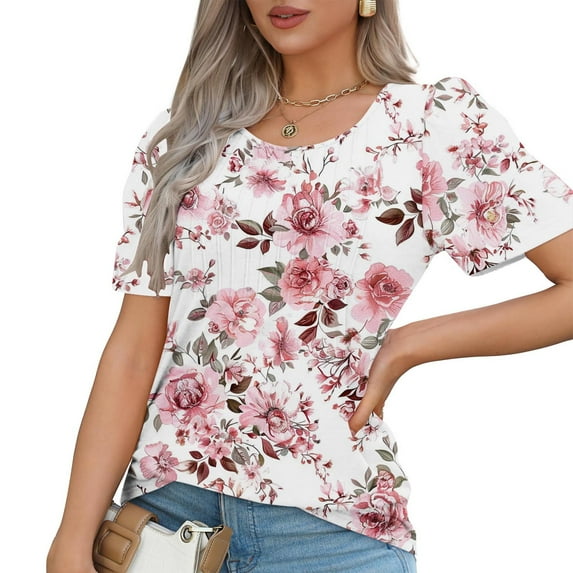 Cilsoka Womens Printed Tops Short Sleeve Summer Casual Crew Neck Shirts Floral Blouse Pleated Tunics Tops 2026 Fashion Clothing