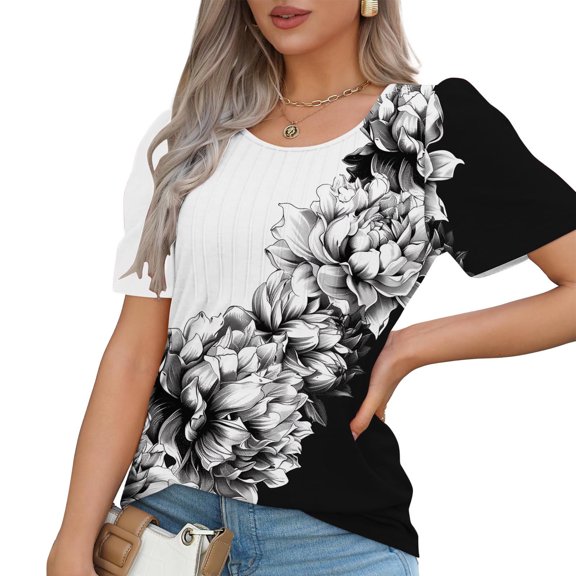 Cilsoka Womens Printed Tops Short Sleeve Summer Casual Crew Neck Shirts Floral Blouse Pleated Tunics Tops 2026 Fashion Clothing