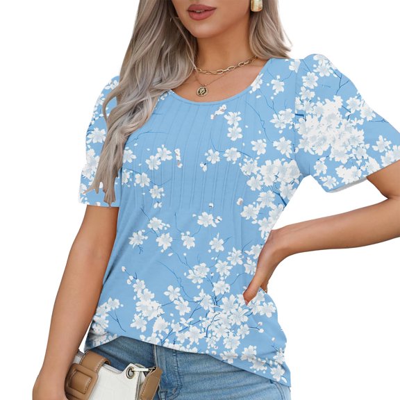Cilsoka Womens Printed Tops Short Sleeve Summer Casual Crew Neck Shirts Floral Blouse Pleated Tunics Tops 2026 Fashion Clothing