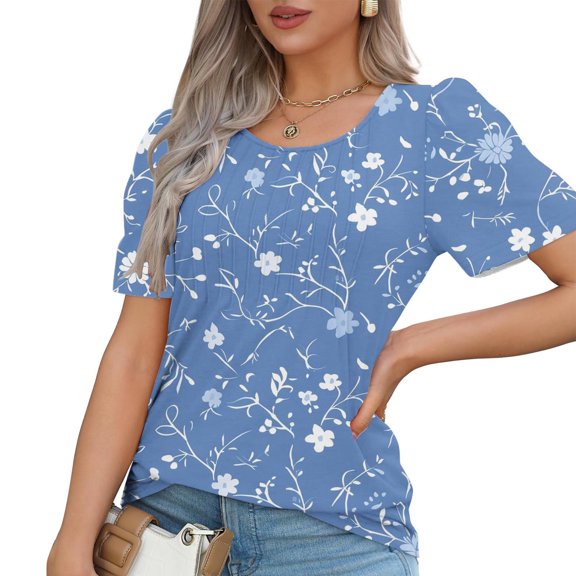 Cilsoka Womens Printed Tops Short Sleeve Summer Casual Crew Neck Shirts Floral Blouse Pleated Tunics Tops 2026 Fashion Clothing