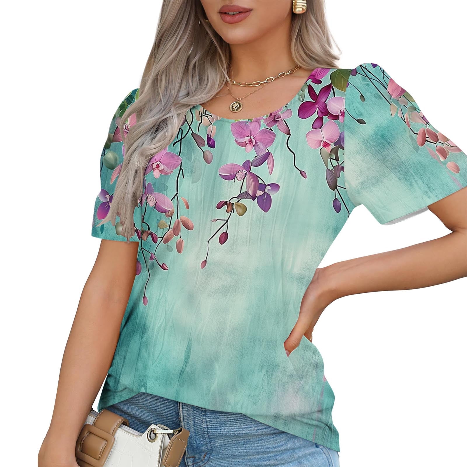 Cilsoka Womens Printed Tops Short Sleeve Summer Casual Crew Neck Shirts ...