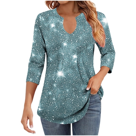 Cilsoka Womens Sequin Tops 3/4 Sleeve Sparkly Shirt Casual V-Neck Tshirt Fashion Glitter Party Blouses Dressy Casual Concert Disco Outfits