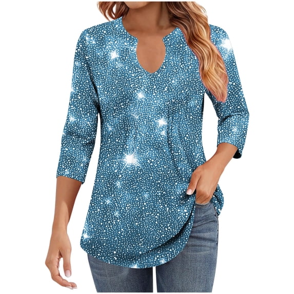 Cilsoka Womens Sequin Tops 3/4 Sleeve Sparkly Shirt Casual V-Neck Tshirt Fashion Glitter Party Blouses Dressy Casual Concert Disco Outfits