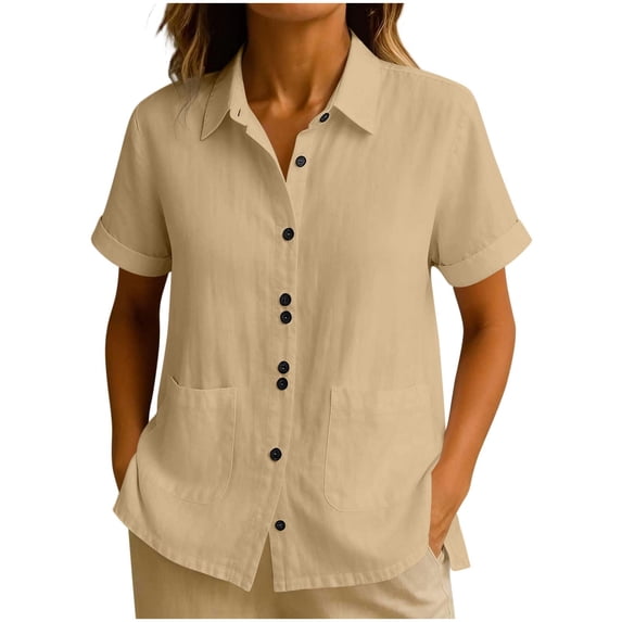 Cilsoka Womens Short Sleeve Button Down Shirts Loose fit Casual V Neck Collared Solid Work Blouse with Pockets