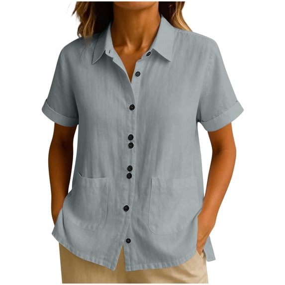 Cilsoka Womens Short Sleeve Button Down Shirts Loose fit Casual V Neck Collared Solid Work Blouse with Pockets