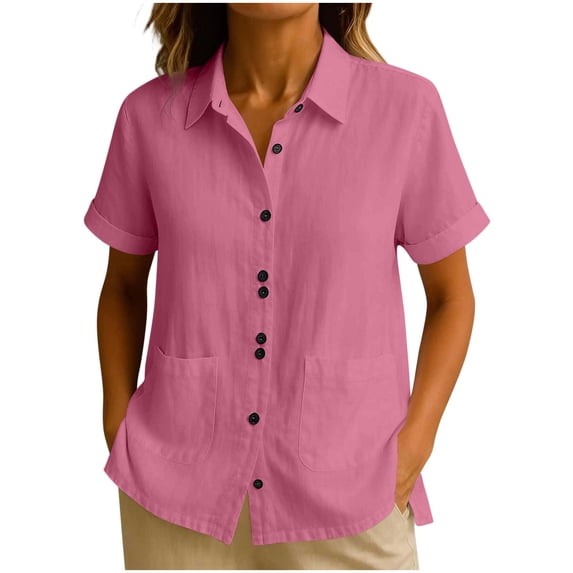 Cilsoka Womens Short Sleeve Button Down Shirts Loose fit Casual V Neck Collared Solid Work Blouse with Pockets
