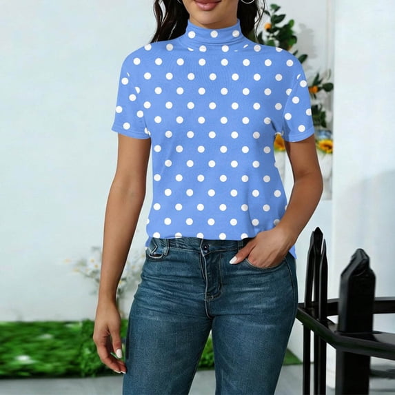Cilsoka Womens Short Sleeve Tops Mock Neck Lightweight Cute Polka Dots Summer Shirts Dressy Casual Basic Office Work Blouse Clothes
