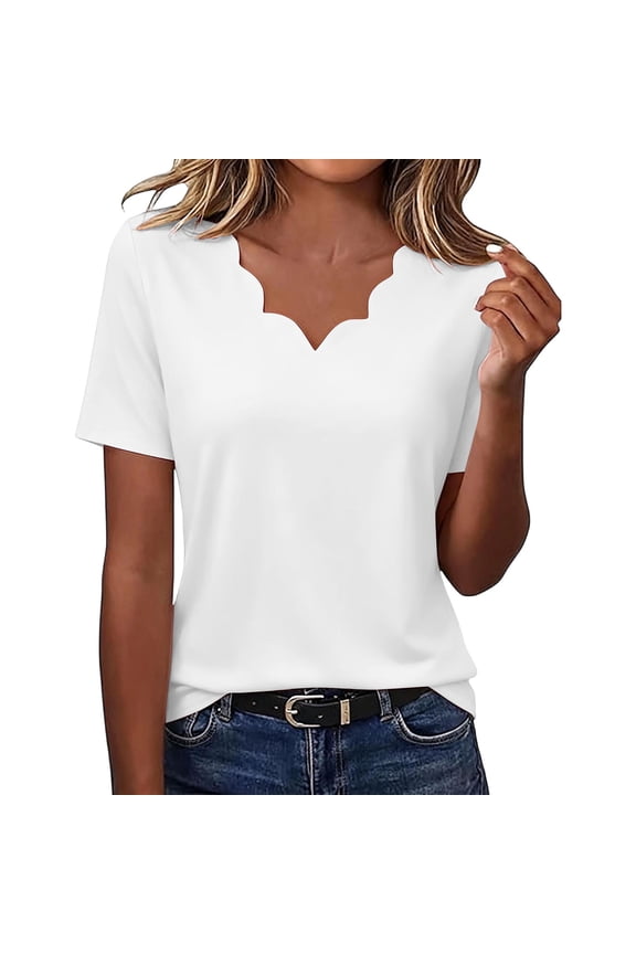 Womens Short Sleeve Tops Seashell Edge V Neck Dressy Casual Loose Fit Shirts Summer Vacation Blouses 2026 Trendy Clothes