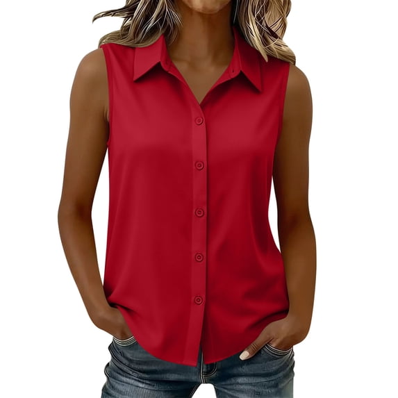 Cilsoka Womens Sleeveless Button Down Shirts Solid Color Collar V Neck Casual Business Blouse Shirt Tank Top