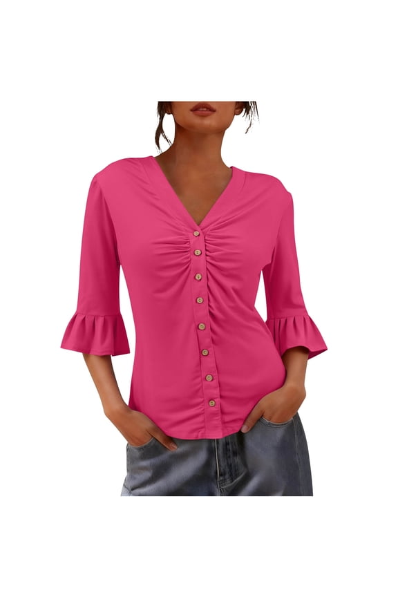 Womens Spring Summer 3/4 Tops Trendy Ruched Front Button Down Shirts Plain V Neck Elbow Sleeves Blouse