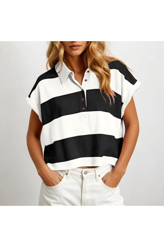 Womens Striped Shirts Summer Short Sleeve Rugby Shirt Oversized Collared Button Casual Loose Cropped Tee Tops