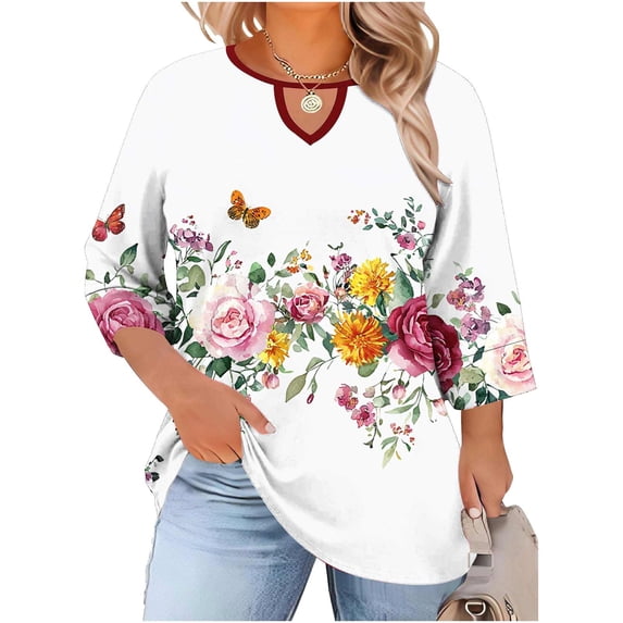 Cilsoka Womens Summer Fashion Tops 3/4 Sleeve Round Neck Shirts Casual Print Trendy Three Quarter Length T Shirt, Summer Blouses for Women Dressy Casual