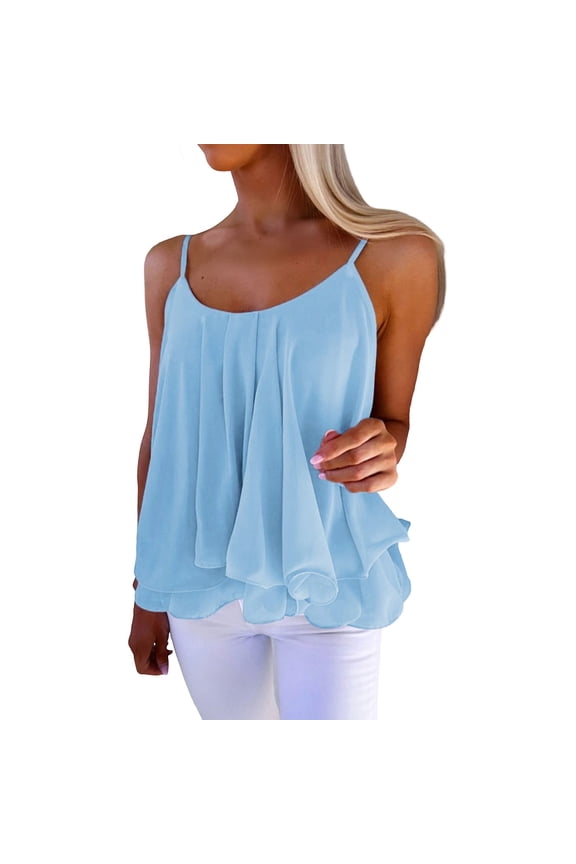 Womens Summer Sleeveless Tops Scoop Neck Chiffon Double Layer Ruffled Spaghetti Tank Camisole Casual Loose Fit Tops