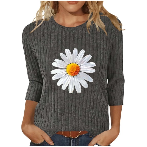 Cilsoka Womens Summer Tops Fashion Daisy Print Daily Shirts 3/4 Sleeve Casual Round Neck T Shirt Dressy Tunic Blouses Graphic Tees