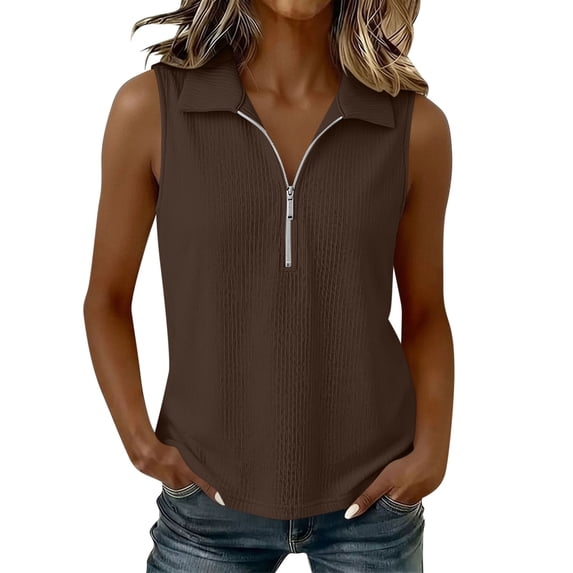Cilsoka Womens Summer Tops V Neck Collared Shirts Dressy Casual Ribbed Tank Top with Zipper Loose Fit