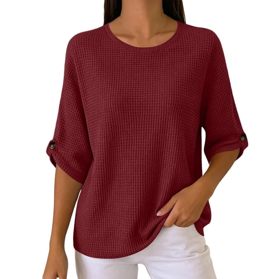 Cilsoka Womens Tops Summer Fall 3/4 Length Sleeve Waffle Knit T Shirts for Women Crewneck Casual Loose Fit Solid Color Tee Blouses