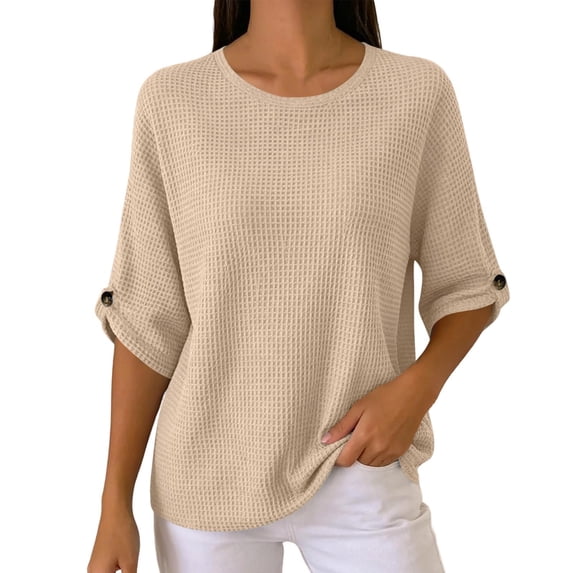 Cilsoka Womens Tops Summer Fall 3/4 Length Sleeve Waffle Knit T Shirts for Women Crewneck Casual Loose Fit Solid Color Tee Blouses
