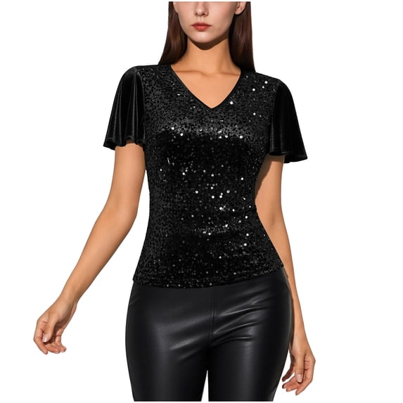 Cilsoka Womens V Neck Sequin Tops Ruffle Short Sleeve Velvet Sparkly Blouses Casual Shirts Glitter Night Out Tops Trendy Party Outfit