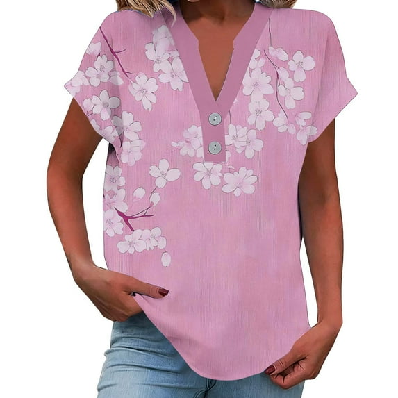 Cilsoka Womens V Neck Shirts Short Sleeve Henley Tops Button Floral Print T Shirts Work Tops Casual Tunic Tops Summer Fashion Clothing