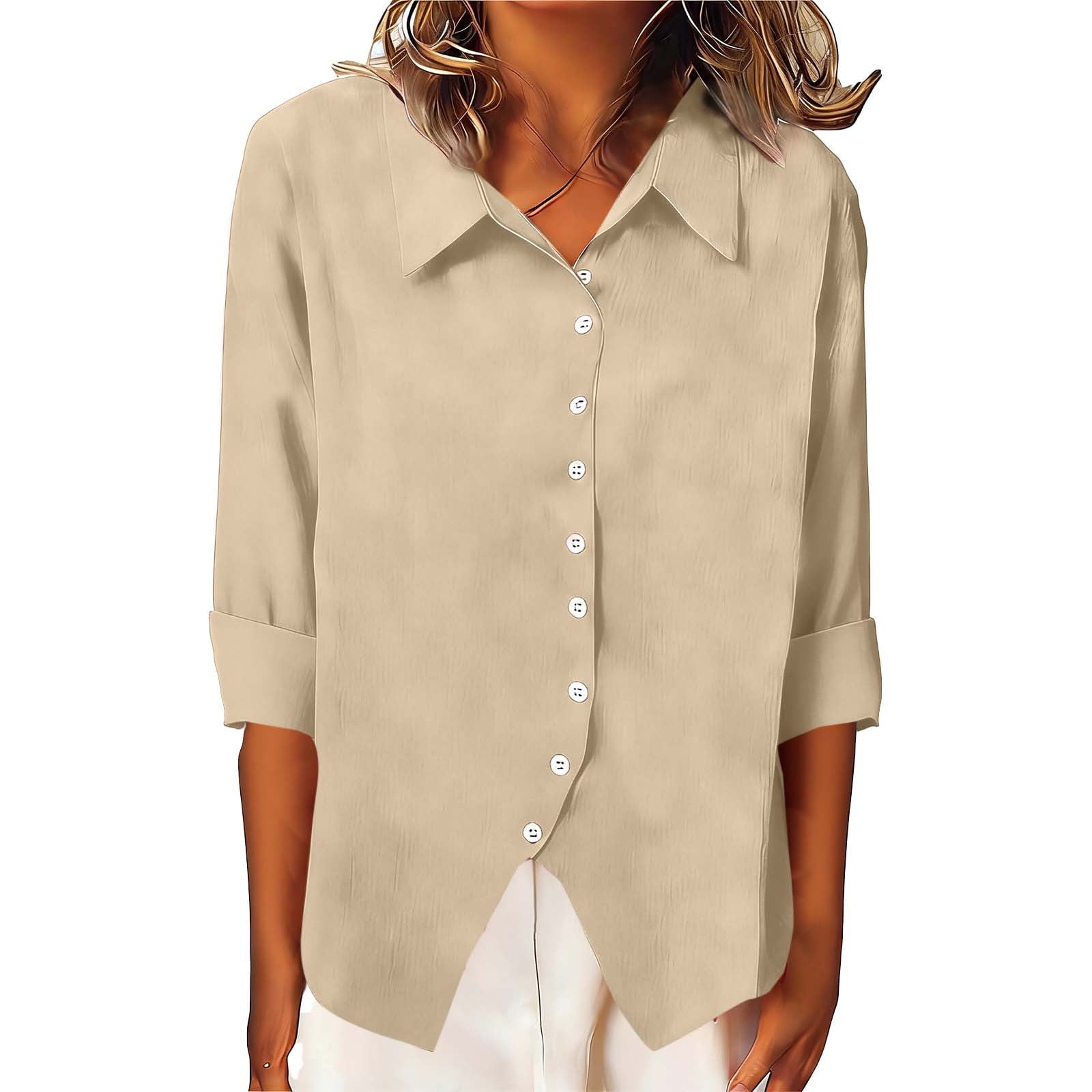 Cilsoka Womens V Neck Tops 3/4 Sleeve Roll Up Shirts for Women Cotton ...