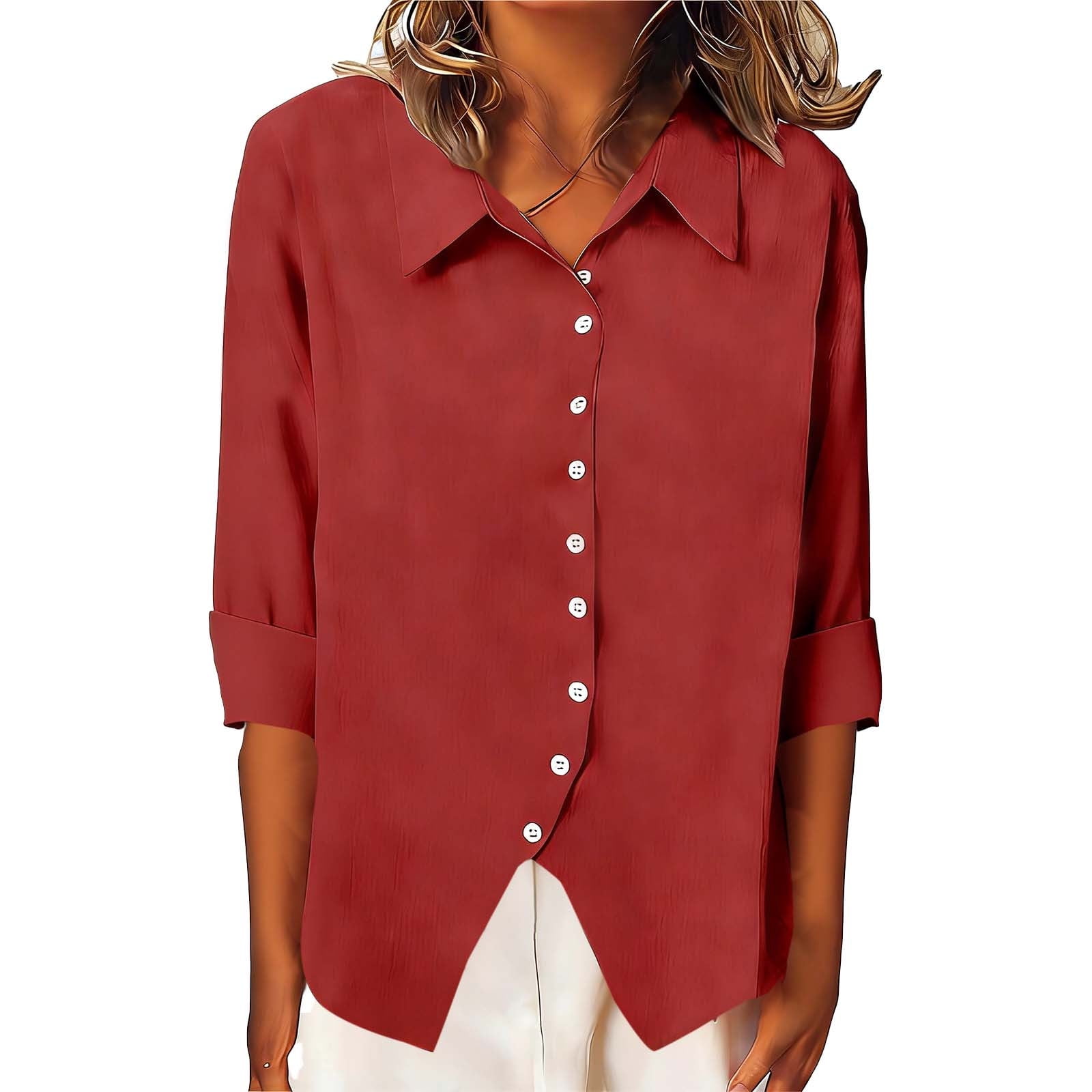 Cilsoka Womens V Neck Tops 3/4 Sleeve Roll Up Shirts for Women Cotton ...