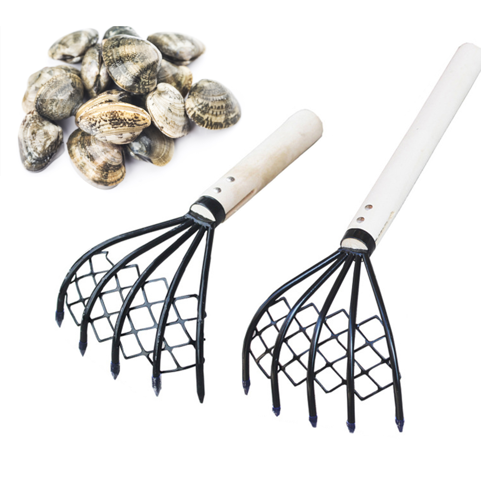 Cimaronmall 2Pcs/Set Steel Clam Rakes with Wooden Handle Mesh Pocket