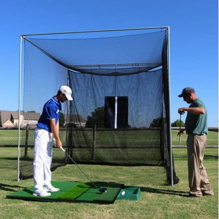 Cimarronsports 10x10x10 Masters Golf Net w Frame Kit, 4x6 Ultimate Golf Mat, & Ball Tray