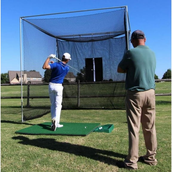 Cimarronsports 10x10x10 Masters Golf Net w Frame Kit, 5x5 TeeLine Golf Mat, & Ball Tray