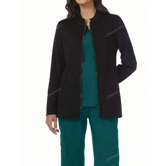 Cimmuovere Casual Commuting Long Sleeve Zip-Up Collar Pocket Scrubs Nurse Workwear Jacket Lab Coat For Dentist, Healthcare, Pet Hospital, Laboratory