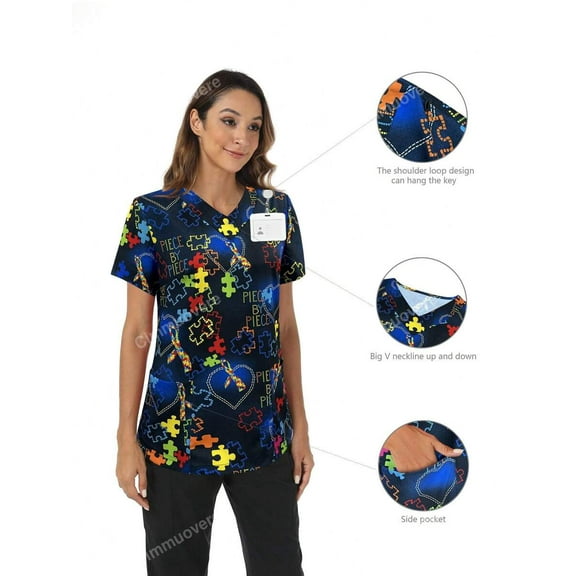 Cimmuovere Heart & Puzzle Print Scrub Uniform Top For Nurses