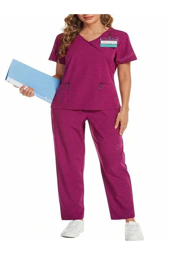 Casual Commuting V-Neck Crossover Double Pocket Short-Sleeved Ear Top Straight Pants Elastic Waist Women's Uniform Scrubs Nurse Work Uniform Workwear Laboratory Clothes Suit