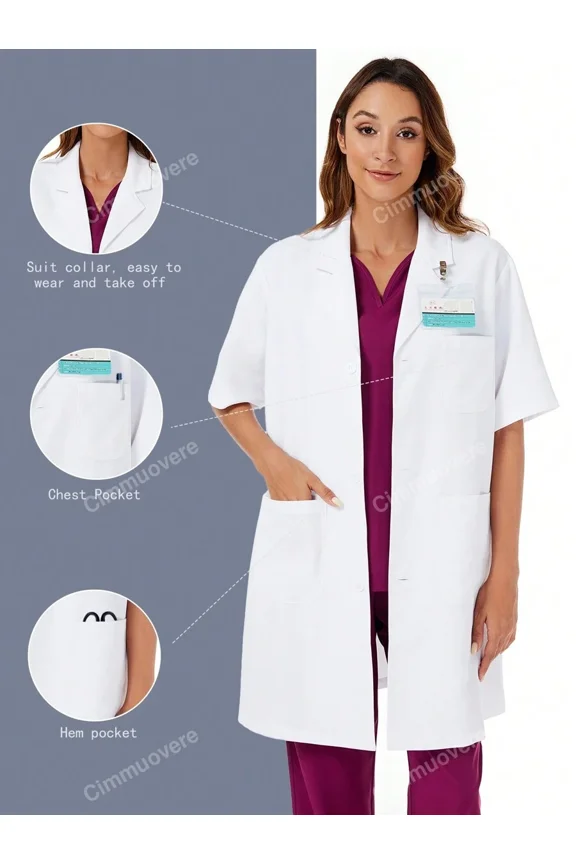 Unisex Loose Short Sleeve Mid-Length White Lab Coat