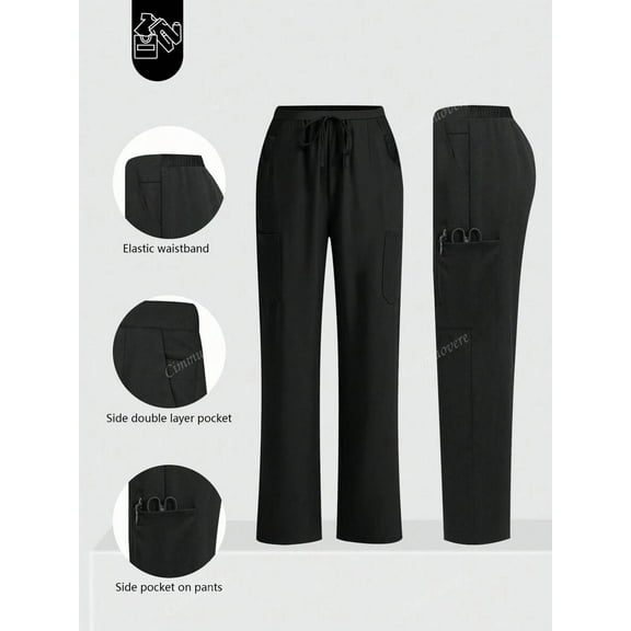Cimmuovere Women's Nursing Pants, Comfortable Solid Color Simple Multi-Pocket Scrub Uniform Pants