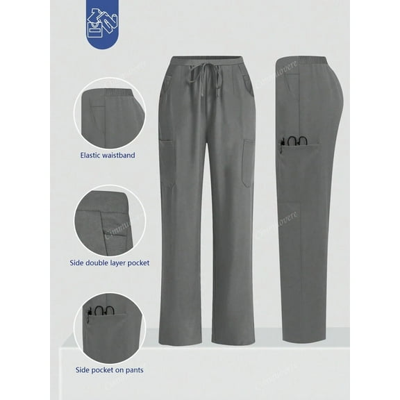 Cimmuovere Women's Nursing Pants, Comfortable Solid Color Simple Multi-Pocket Scrub Uniform Pants